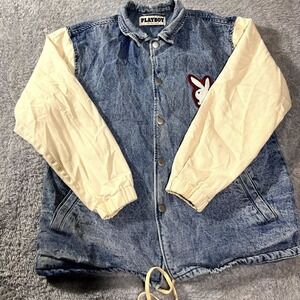 Playboy by Pacsun Denim Bomber Jacket Mens Medium Blue Beige PB 1953 Embroidered